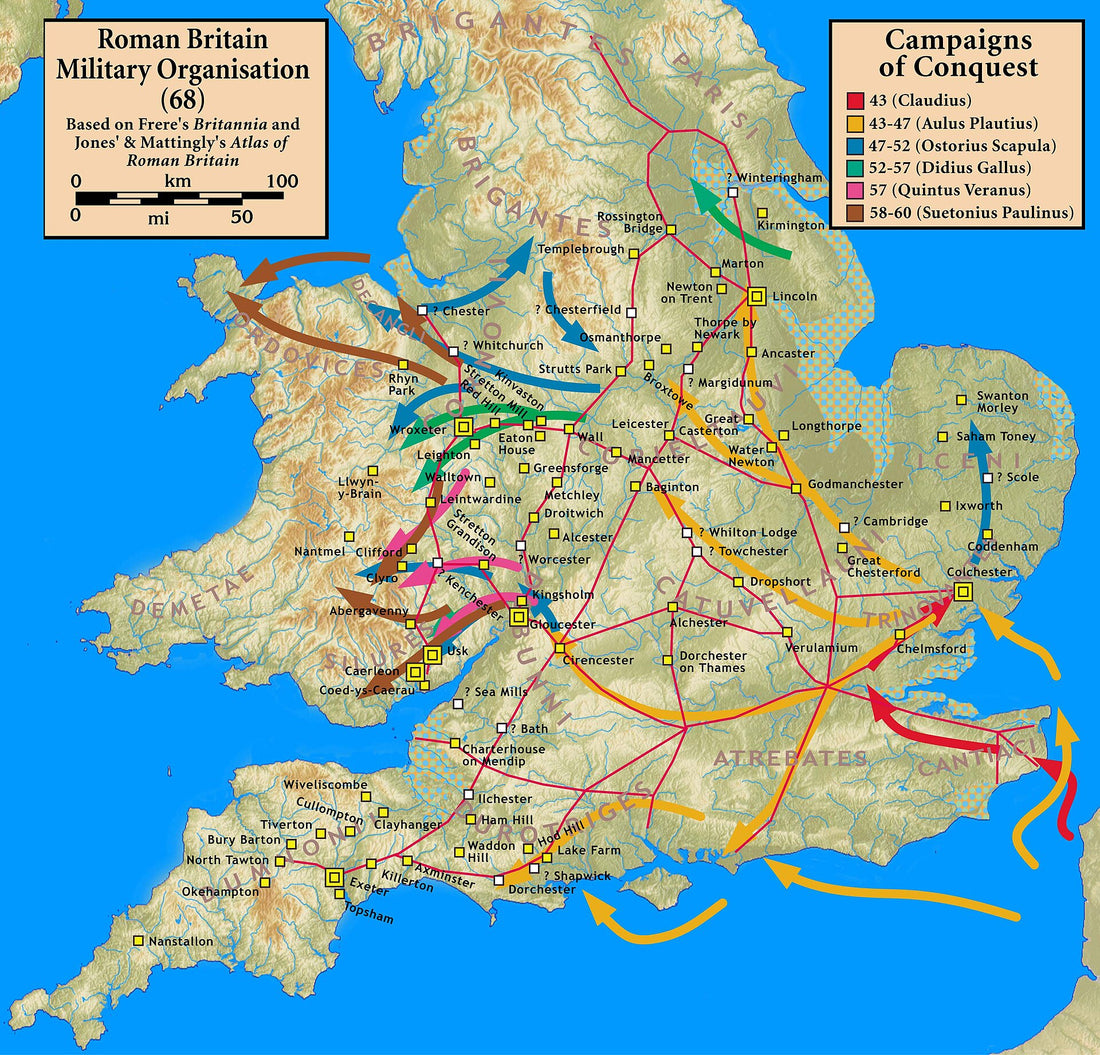 Map of the Roman conquest of Britain from AD 43 to 60, by Notuncurious via Wikimedia Commons, CC BY-SA 3.0