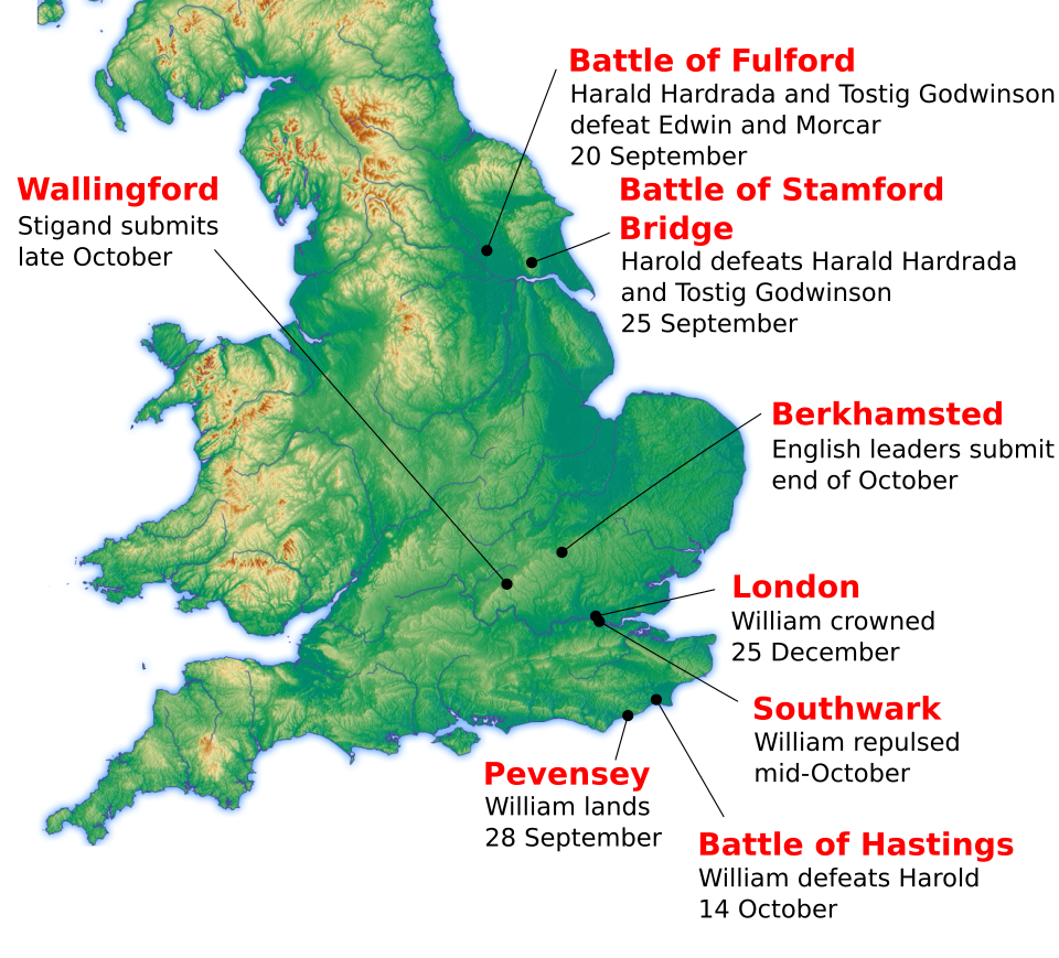 Map of the major events of the 1066 campaign in England, including Fulford, Stamford Bridge, Pevensey and Hastings