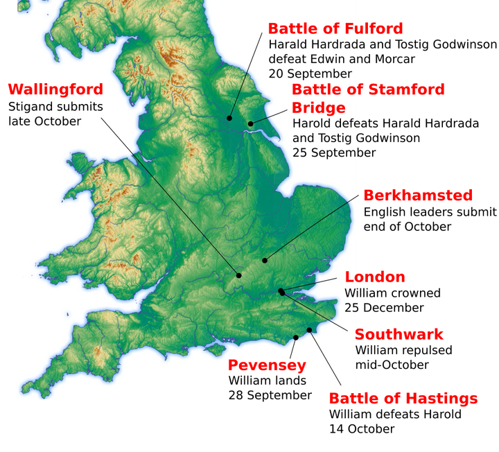 Map of the major events of the 1066 campaign in England, including Fulford, Stamford Bridge, Pevensey and Hastings