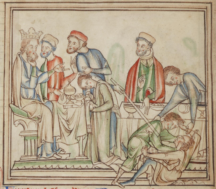 Later medieval manuscript scene depicting Harold and Tostig Godwinson in dispute