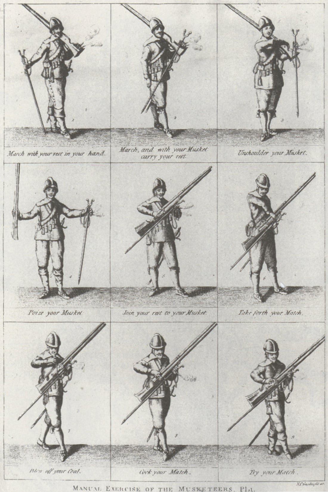 Seventeenth-century manual exercise showing ranked musketeers handling the musket