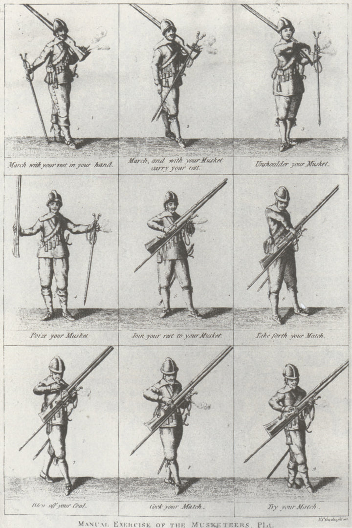 Seventeenth-century manual exercise showing ranked musketeers handling the musket