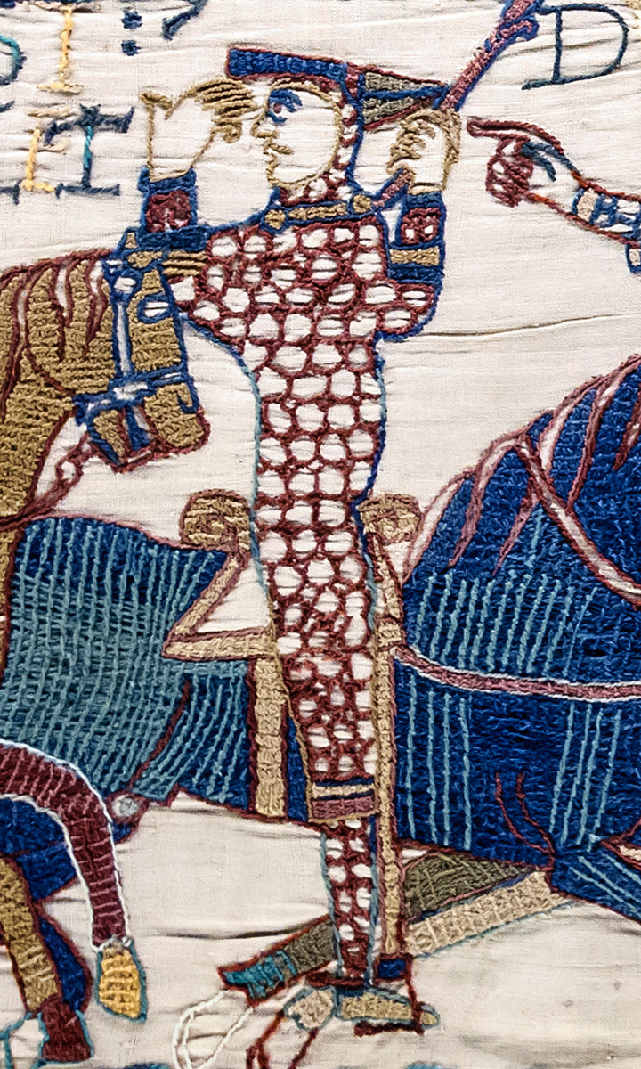 William the Conqueror depicted lifting his helmet at Hastings in the Bayeux Tapestry