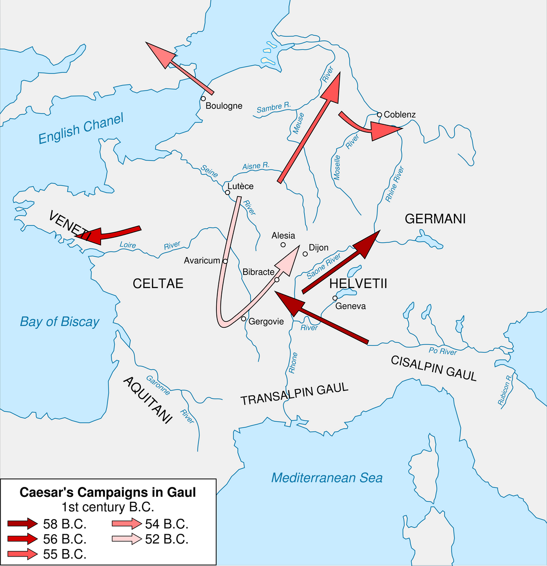 Map of Julius Caesar's campaigns in Gaul, including the 52 BC operations towards Gergovia and Alesia