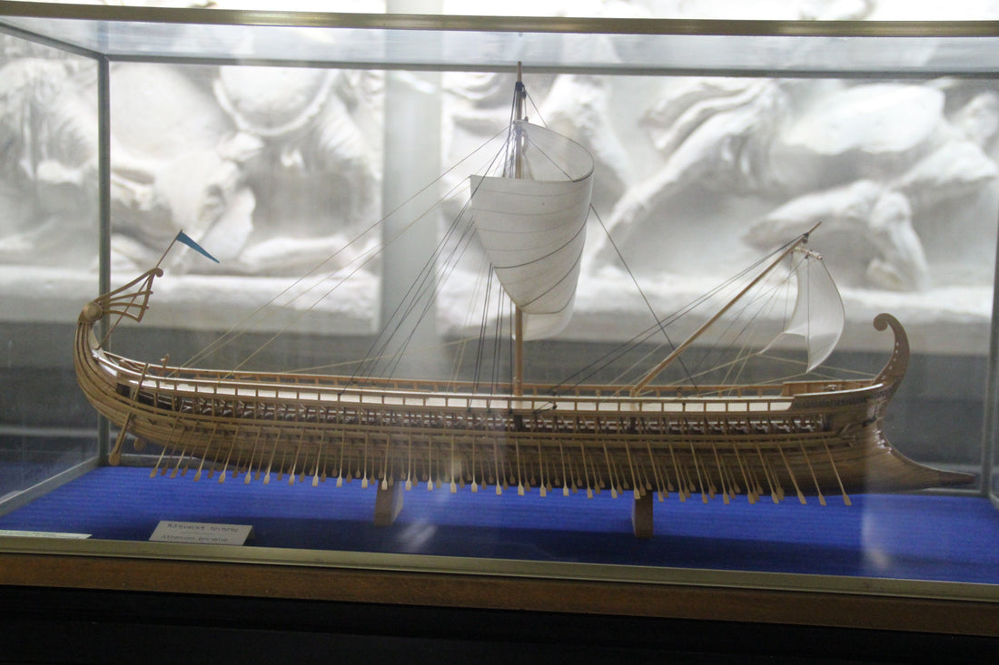 Model of an ancient Greek trireme representing the allied fleet commanded by Eurybiades