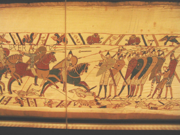 Bayeux Tapestry scene showing Norman cavalry attacking the Anglo-Saxon shield wall at Hastings