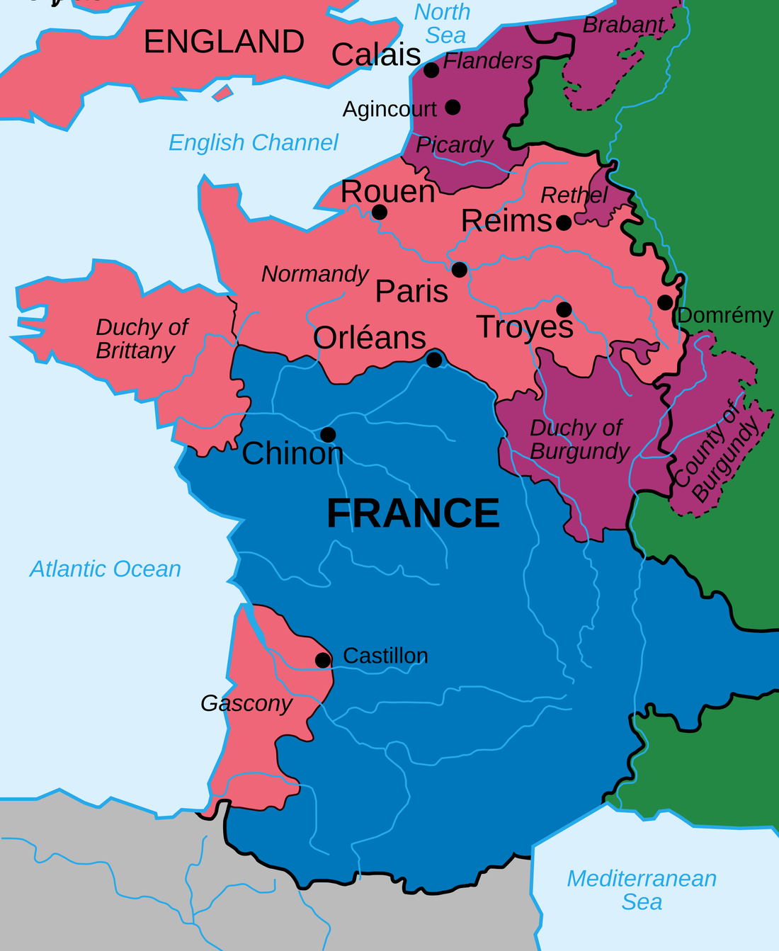 Map of French, Burgundian and English-controlled territories in France in 1429 during the Hundred Years' War