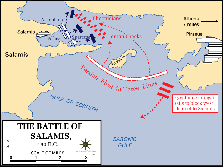 Map of the Battle of Salamis in 480 BC showing Greek and Persian naval movements