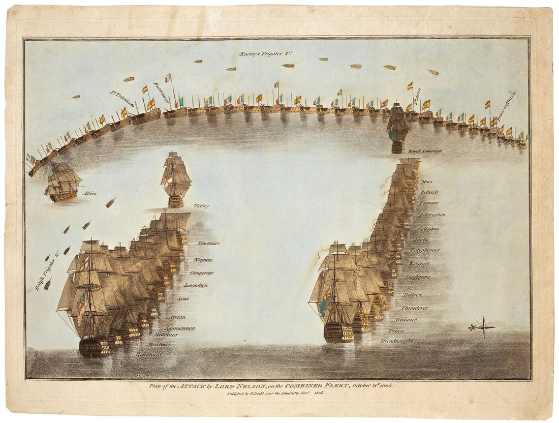 Robert Dodd's 1805 public-domain plan showing Nelson and Collingwood's two British columns attacking the combined French and Spanish fleet at Trafalgar