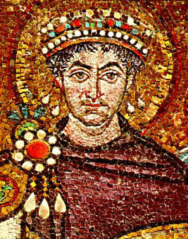 Sixth-century mosaic portrait of Emperor Justinian I at San Vitale in Ravenna