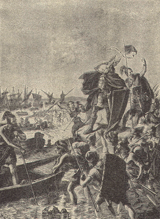 Historical illustration of Danish Viking forces invading England in the ninth century