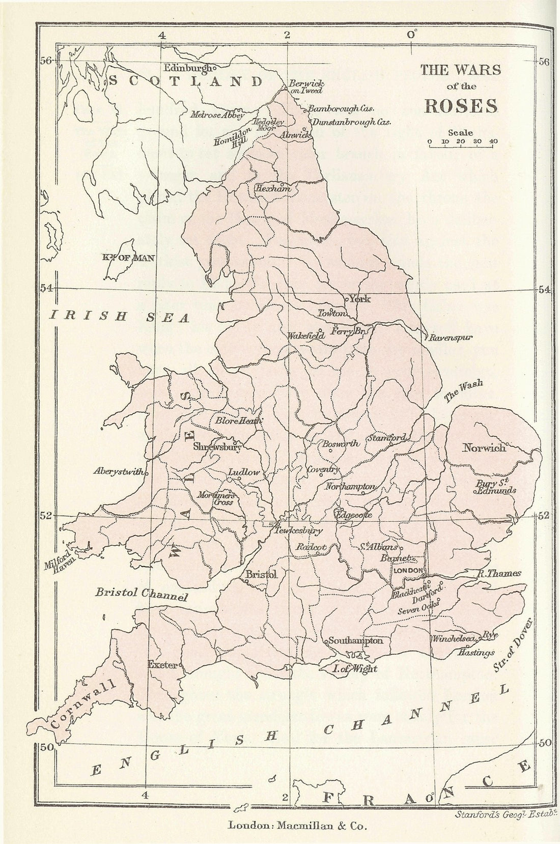 Historical map showing important locations in the Wars of the Roses from St Albans and Towton to Bosworth