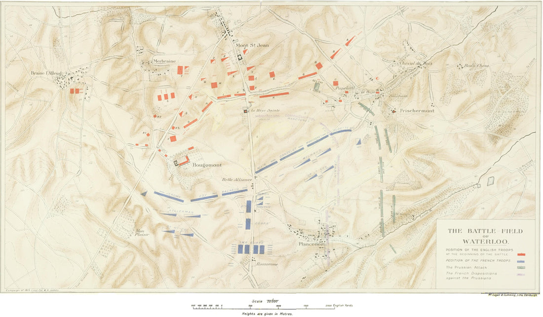 Historical plan of the Waterloo battlefield showing roads, villages and troop positions