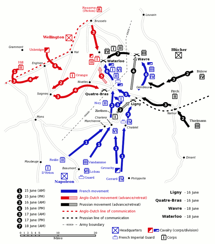 Waterloo Campaign map showing French, Anglo-Allied and Prussian movements from 15 to 18 June 1815
