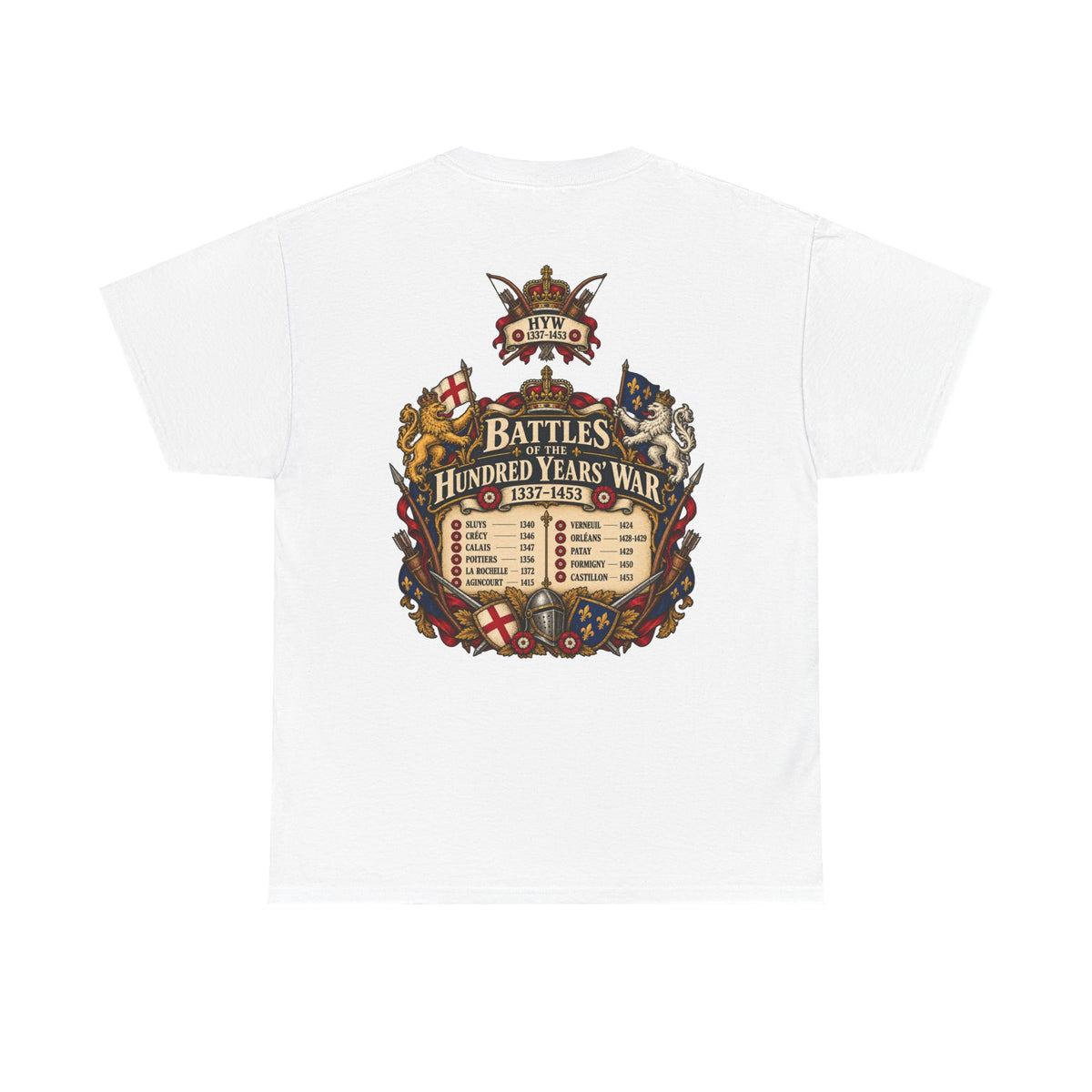 Hundred Years’ War battles medieval history T-shirt product mock-up