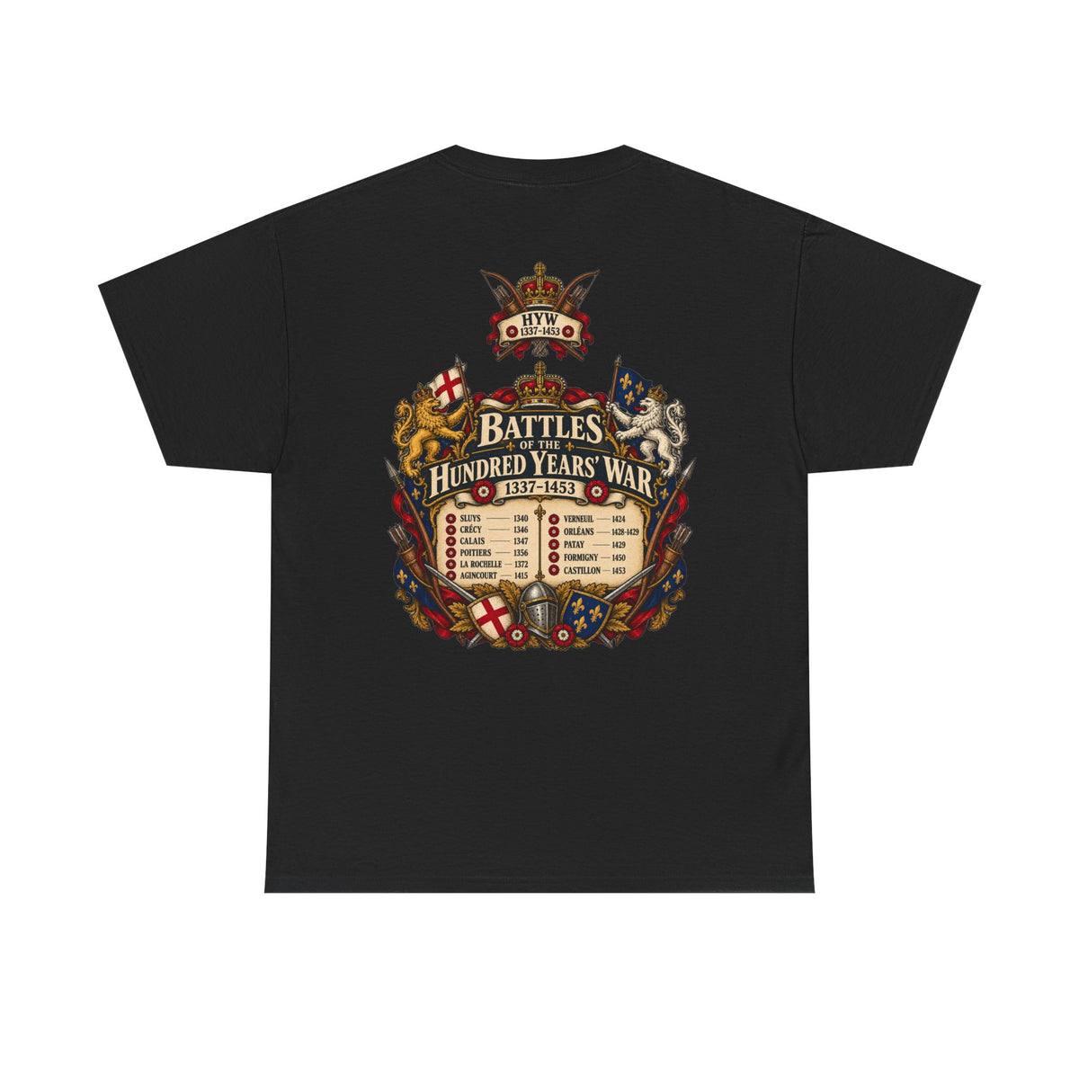 Hundred Years’ War battles medieval history T-shirt product mock-up