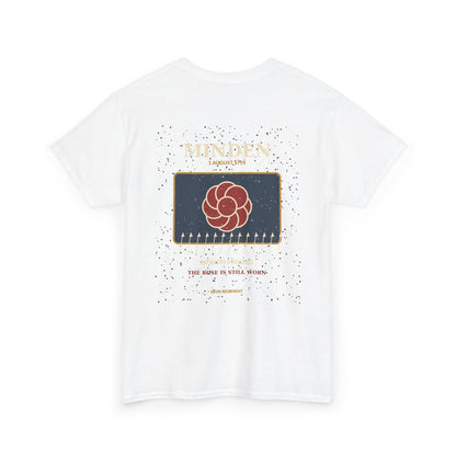 Graphic Tee — Vintage Rose Crest Back Print "The Moon Is Still Rising"