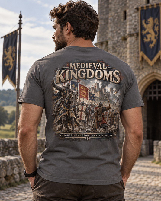 Medieval Kingdoms T-shirt — knights, crowns and battlefields design