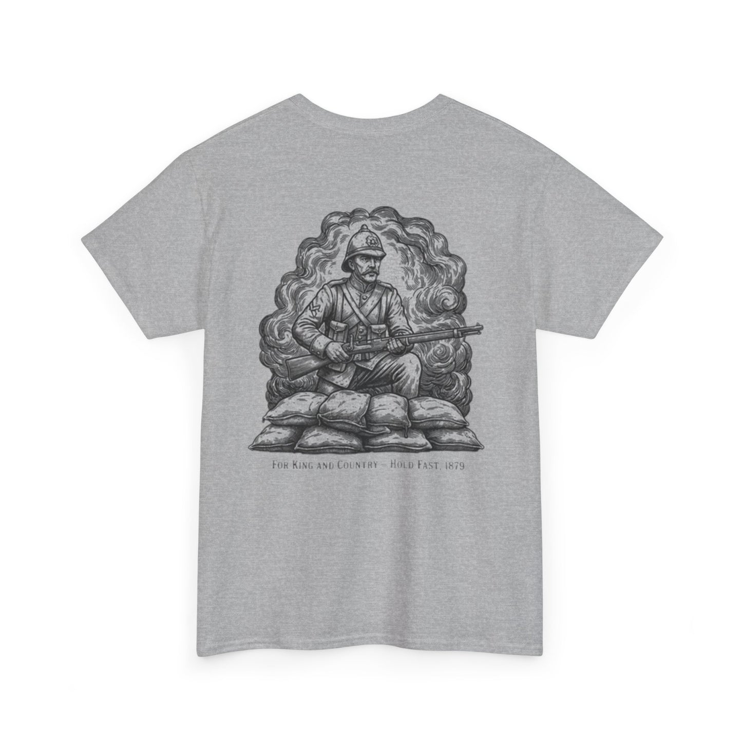 Soldier 1879 T-Shirt featuring a vintage Rorke’s Drift–style rifleman illustration. A bold Anglo-Zulu War tribute design.
