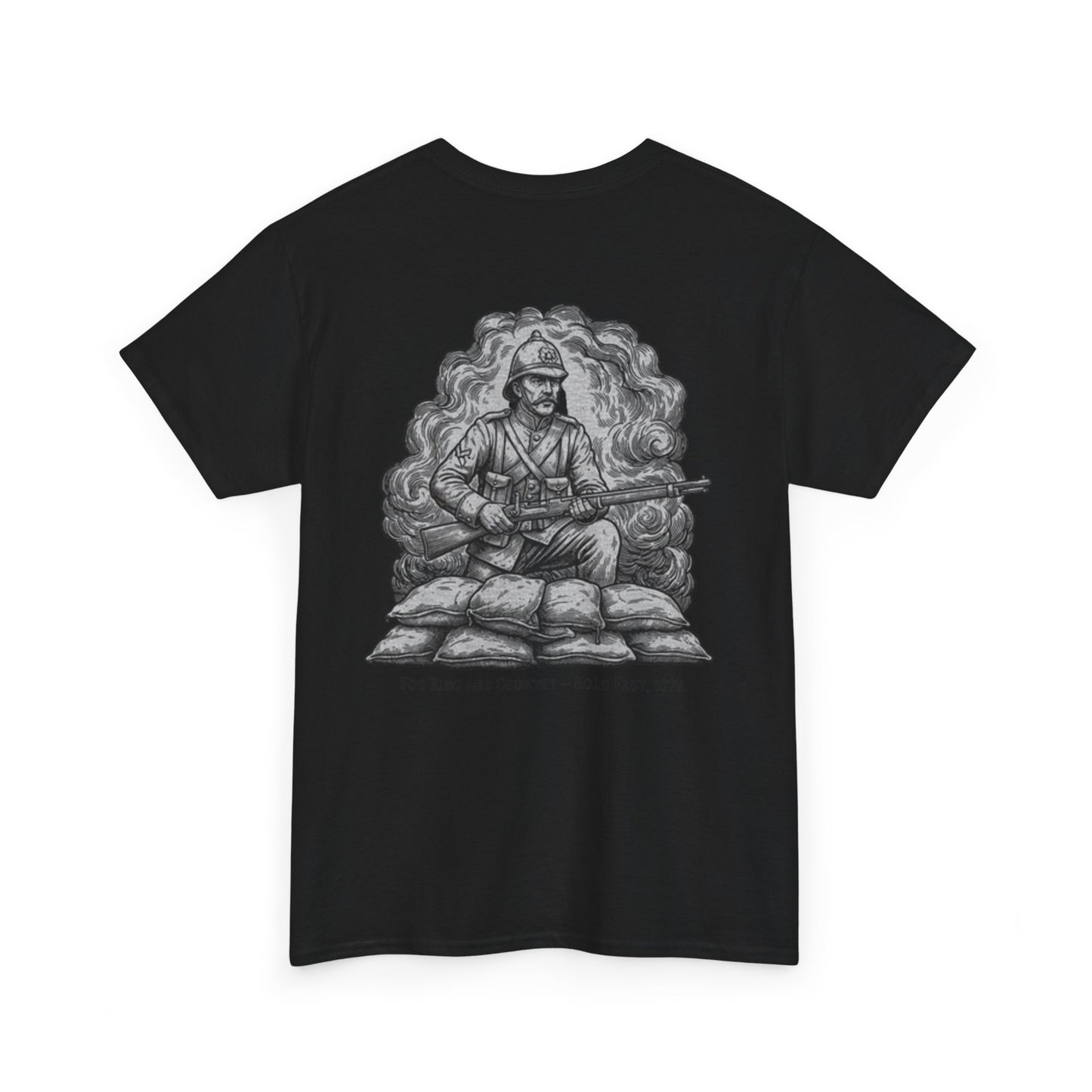 Soldier 1879 T-Shirt featuring a vintage Rorke’s Drift–style rifleman illustration. A bold Anglo-Zulu War tribute design.