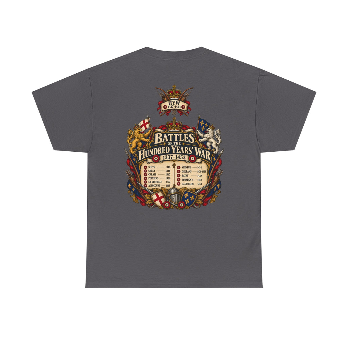 Hundred Years’ War battles medieval history T-shirt product mock-up