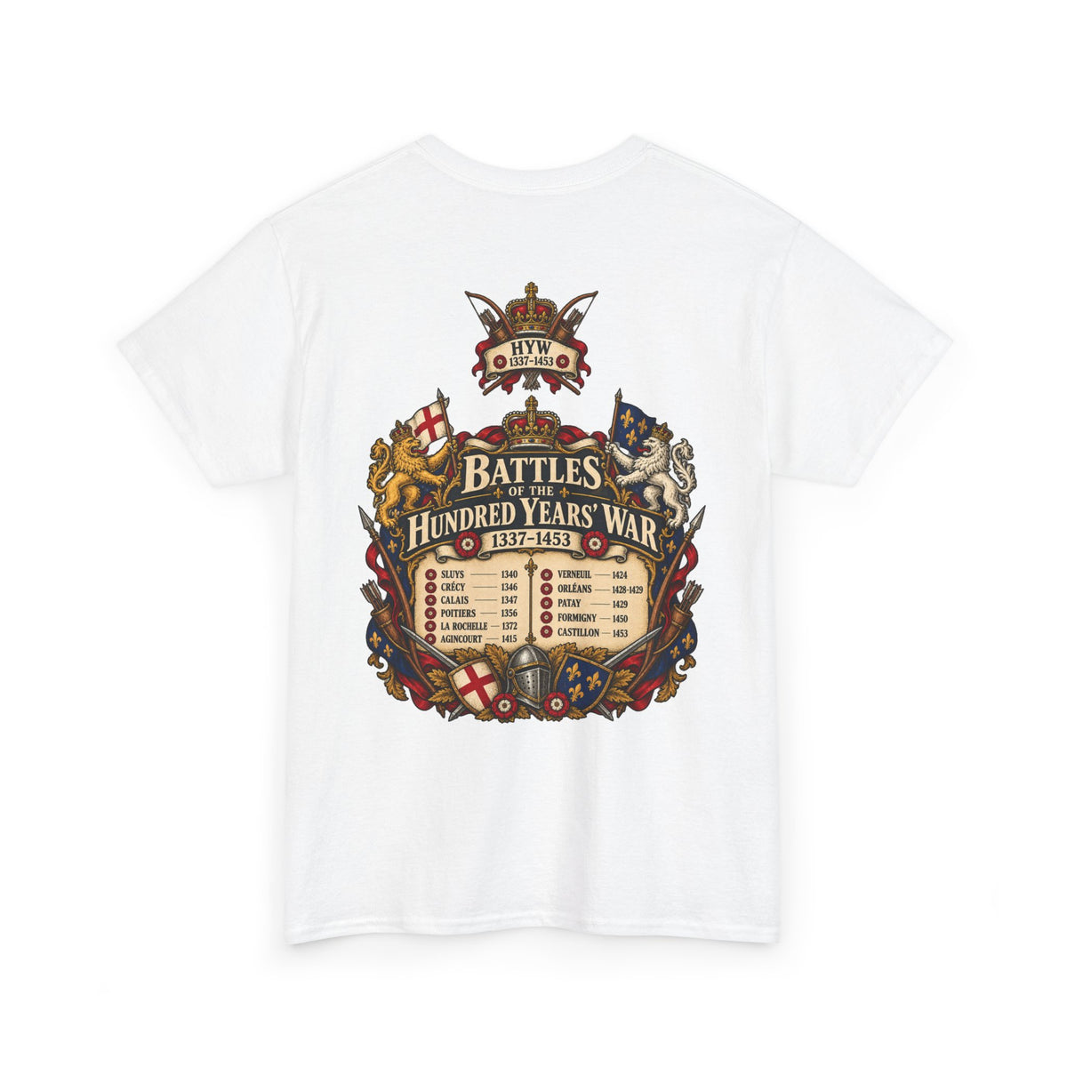 Hundred Years’ War battles medieval history T-shirt product mock-up